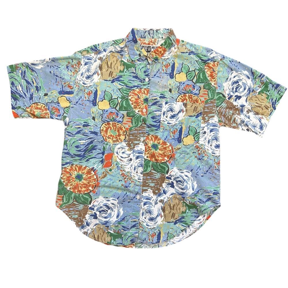 Vintage 90's Andrew Sports Floral Short Sleeve Button Up 100% Cotton Medium